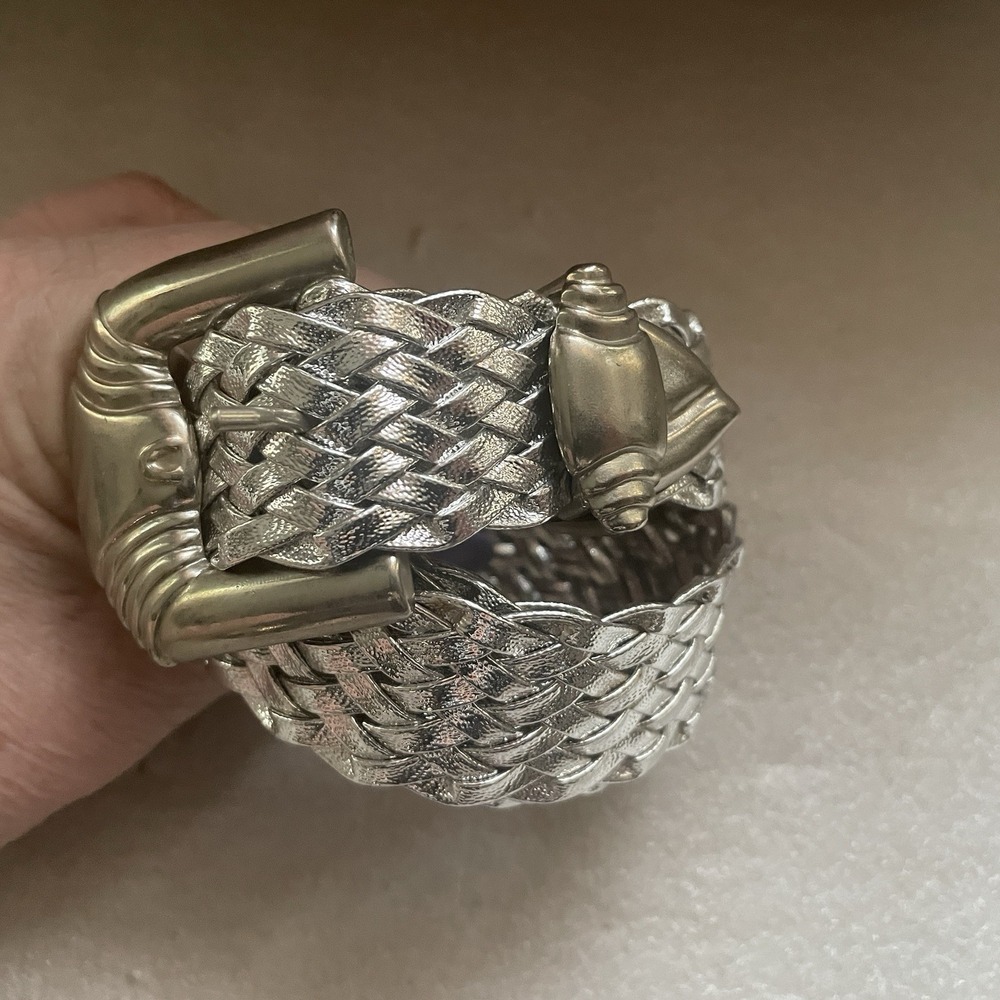 Metallic Silver Woven Statement Belt Adult Medium Adjustable Maximalist Rave 34"